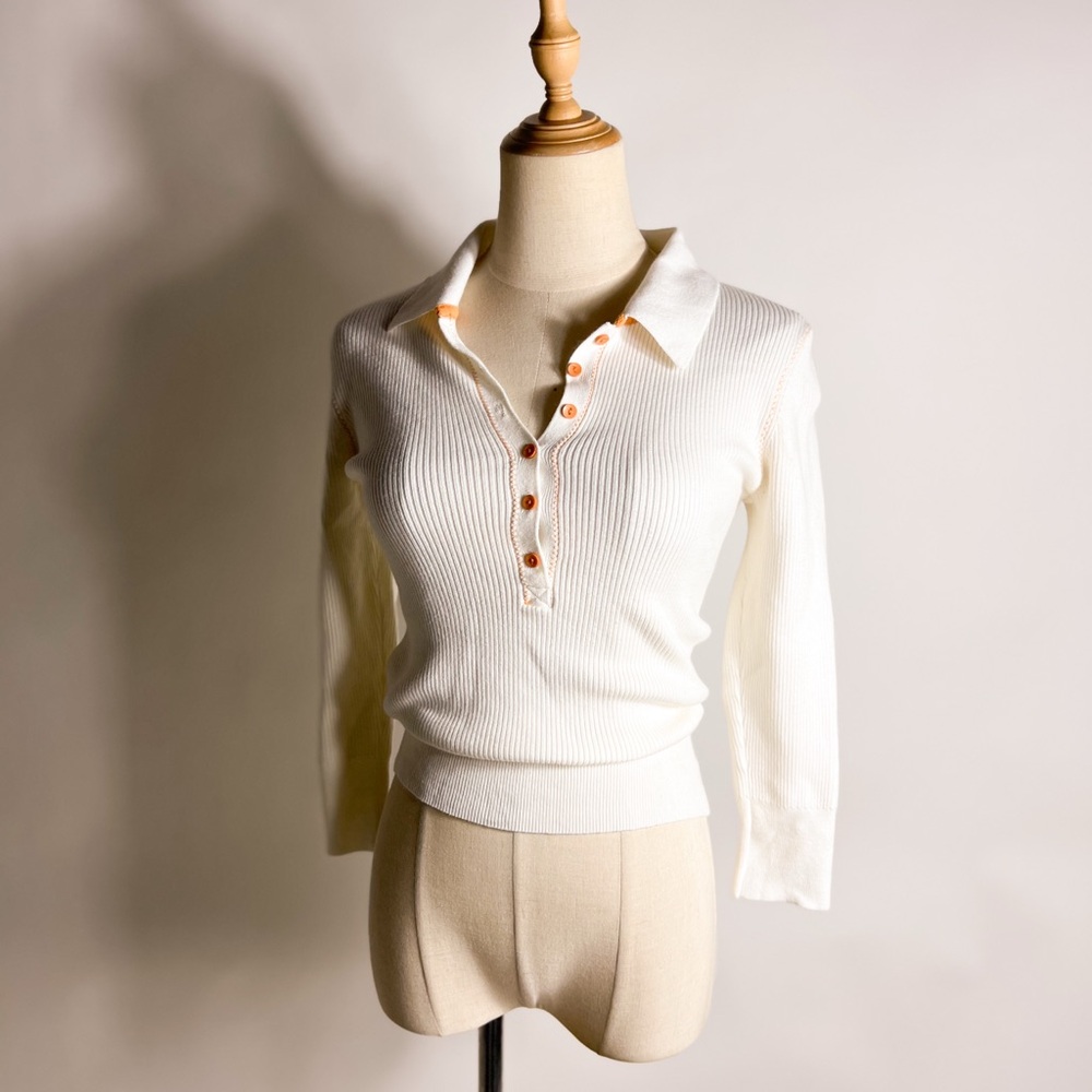 Y2K TAKEOUT Ribbed Henley Collared Cream Orange Cropped Sweater